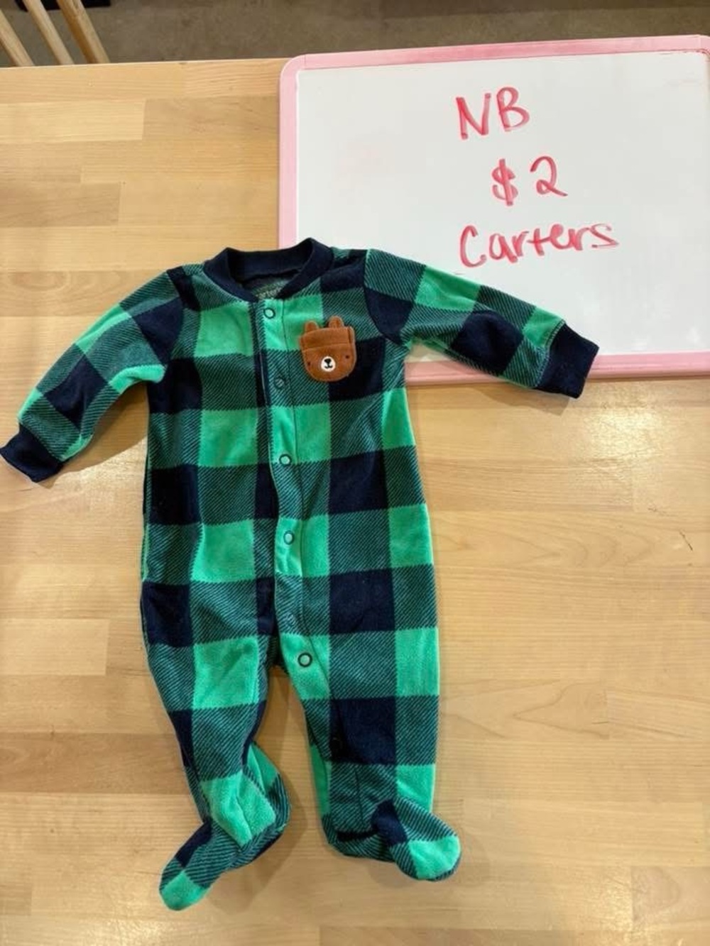 Carter's Green and Navy Buffalo Plaid Footed One-Piece with Bear Applique